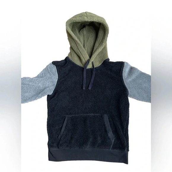 American Eagle Hoodie Sweatshirt Sherpa Fleece Men’s Color Block Black Green S - Picture 3 of 9